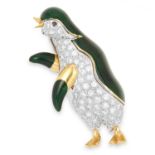 DIAMOND, RUBY AND ENAMEL PENGUIN BROOCH set with round cut diamonds totalling approximately 2.0