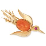 VINTAGE CORAL AND RUBY BIRD BROOCH, set with an oval cabochon coral and round cut ruby, 5.5cm, 9.