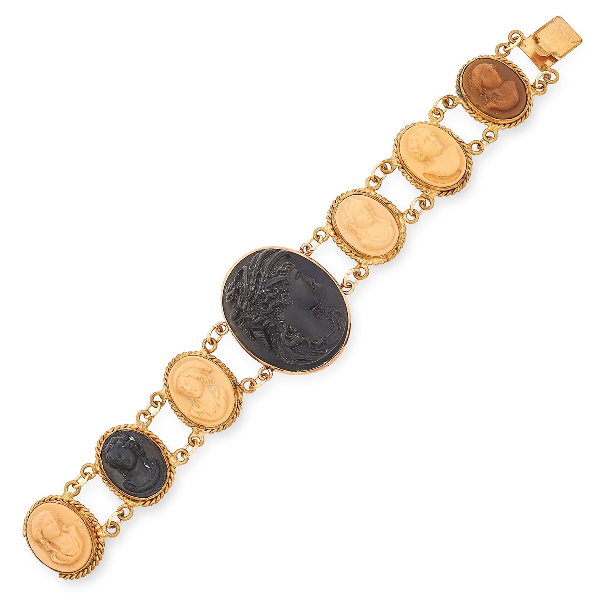 ANTIQUE LAVA CAMEO BRACELET set with seven lava cameo links, 16cm, 35g.