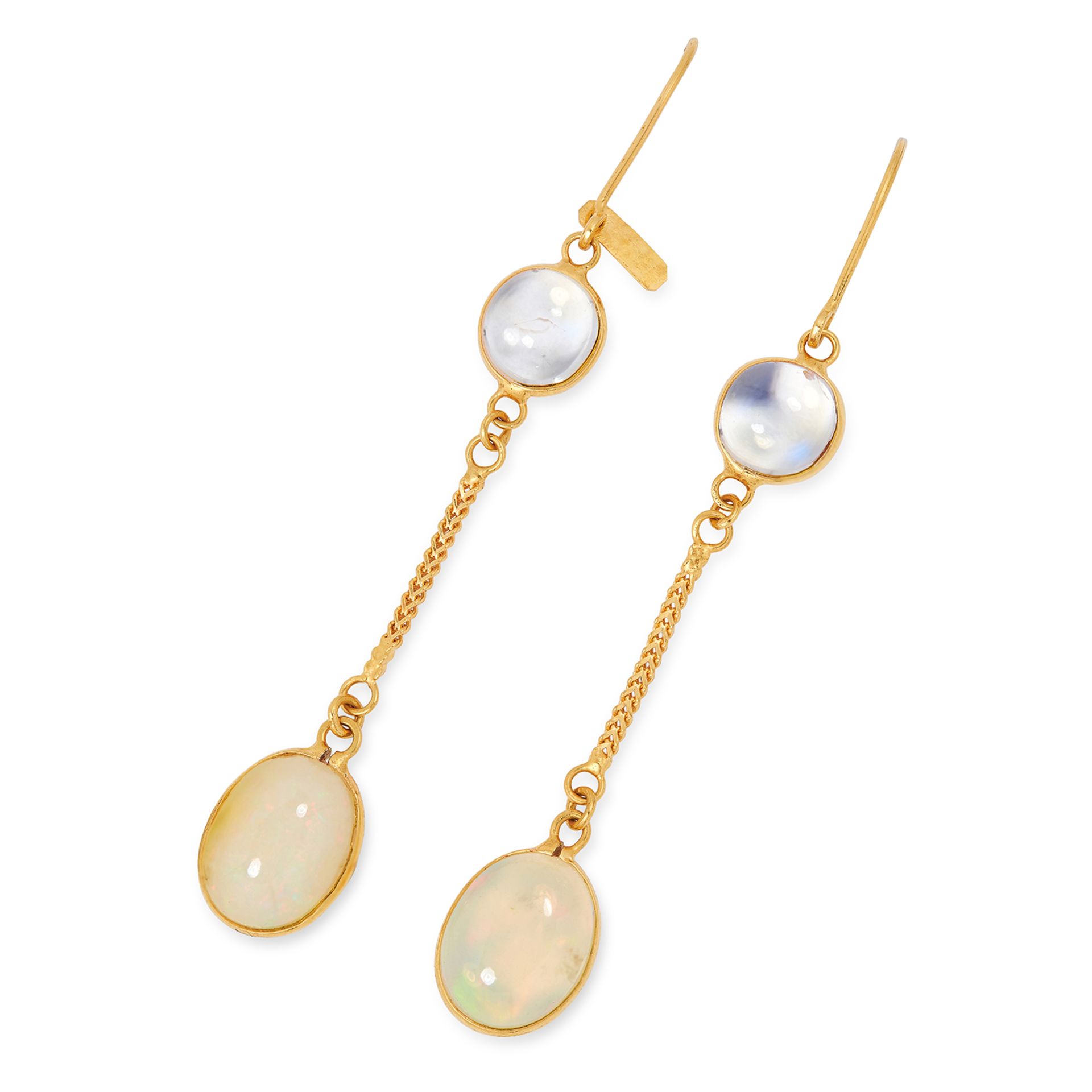 MOONSTONE AND OPAL DROP EARRINGS each set with a cabochon moonstone and opal, 4.9cm, 1.5g.