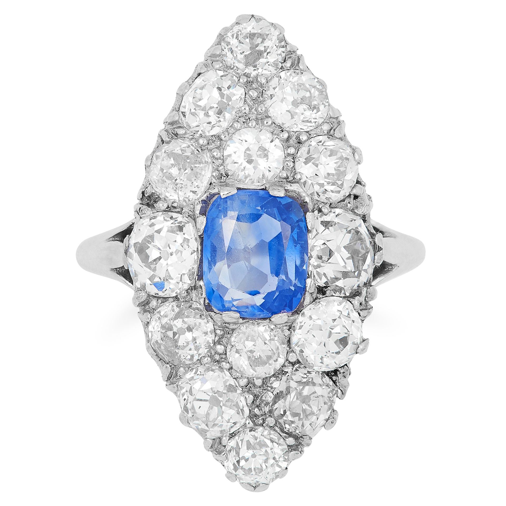 1.30 CARAT SAPPHIRE AND DIAMOND RING in marquise face is set with a cushion cut sapphire of