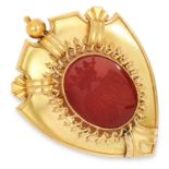 ANTIQUE CARNELIAN INTAGLIO SEAL BROOCH, 19TH CENTURY shield design, set with oval carnelian,