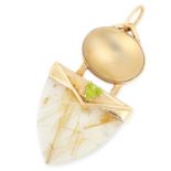 RUTILATED QUARTZ, MOONSTONE AND PERIDOT PENDANT, PASA set with a polished rutilated quartz, a