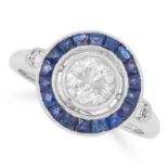 0.86 CARAT DIAMOND AND SAPPHIRE TARGET RING set with a round cut diamond of approximately 0.86