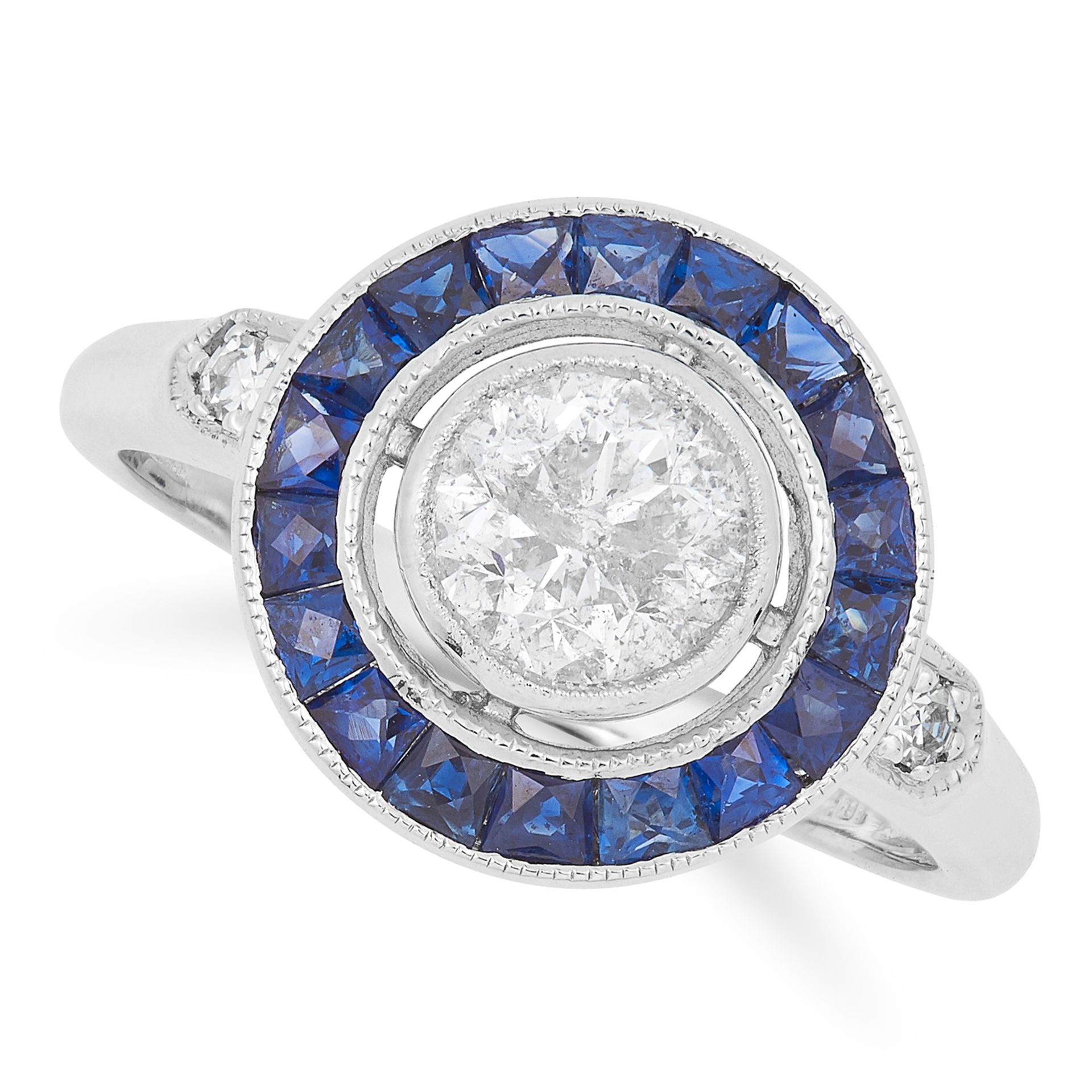 0.86 CARAT DIAMOND AND SAPPHIRE TARGET RING set with a round cut diamond of approximately 0.86