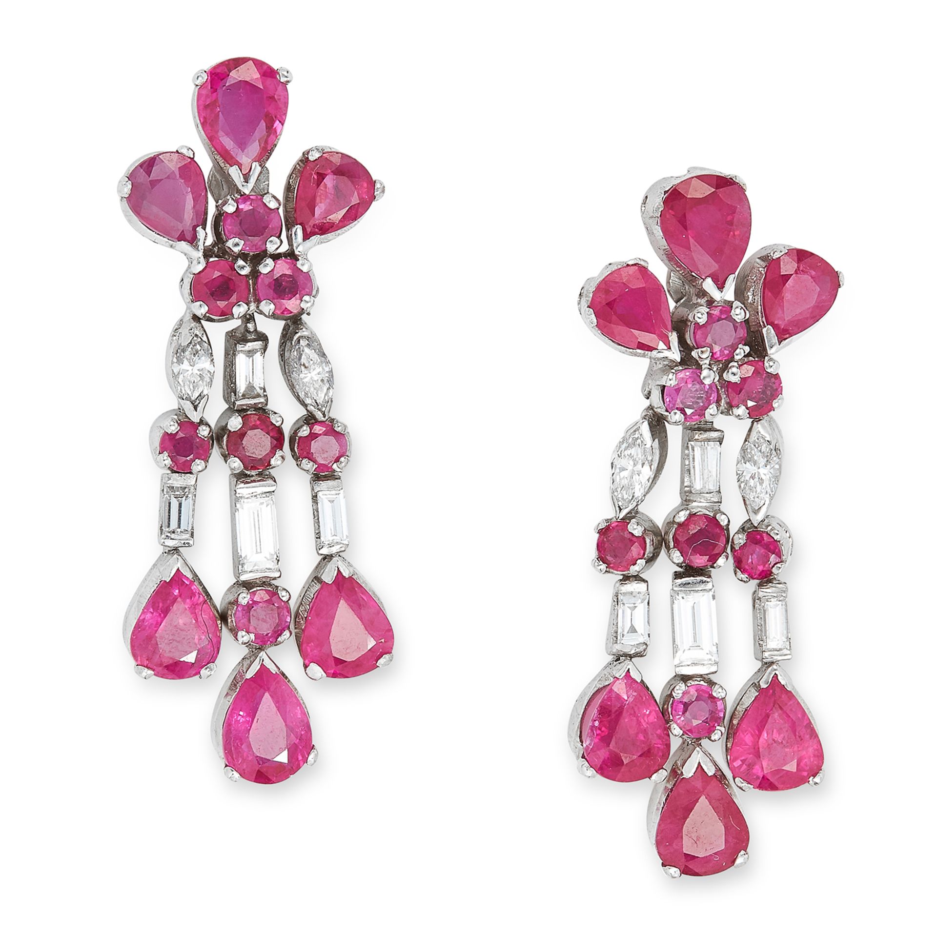 RUBY AND DIAMOND PENDENT EARRINGS set with rubies and diamonds, each suspending a trio of