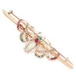 GEMSET BUTTERFLY BROOCH set with pearls, round cut rubies and emeralds, 6.7cm, 5.6g.