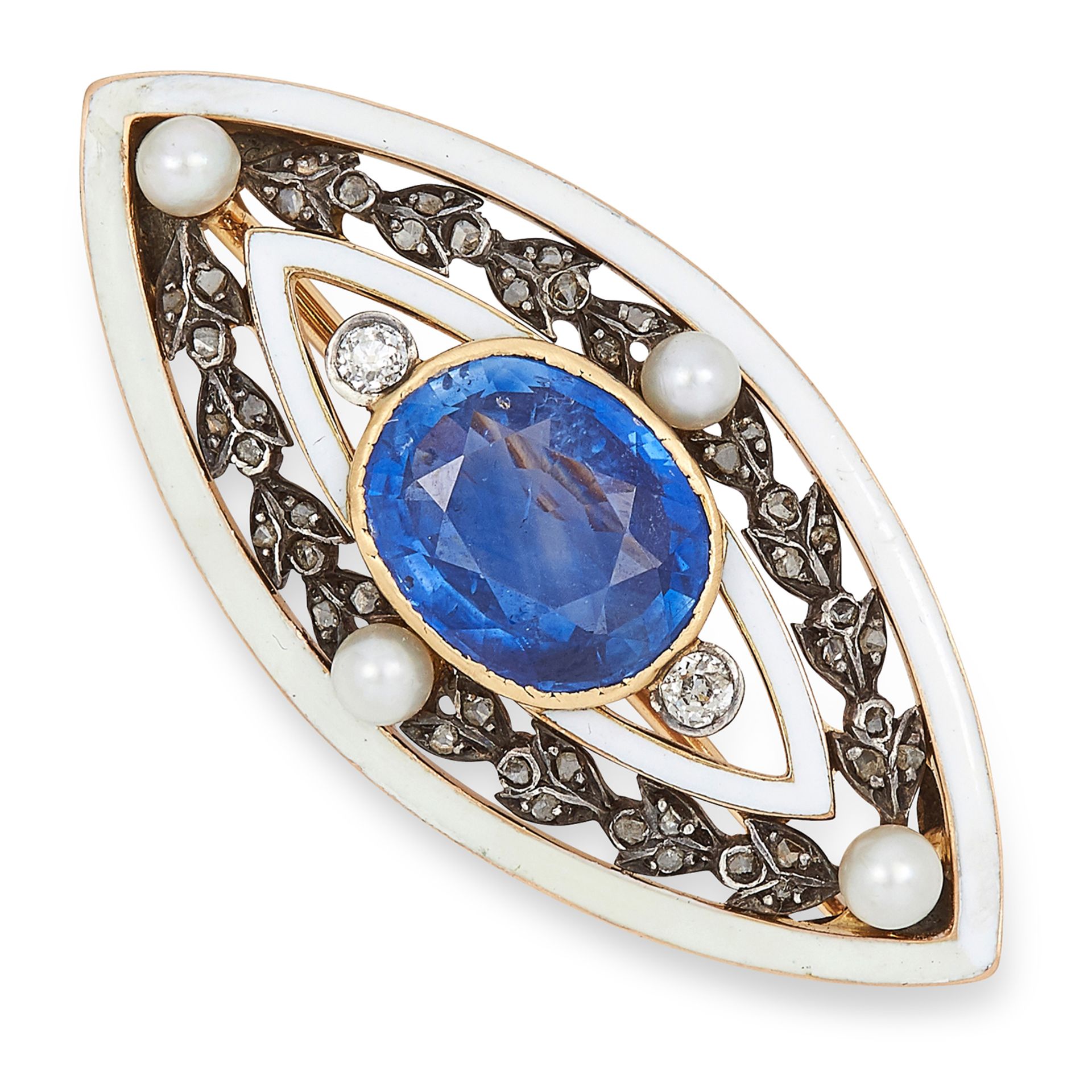 ANTIQUE SAPPHIRE, PEARL, DIAMOND AND ENAMEL BROOCH set with a cushion cut sapphire of