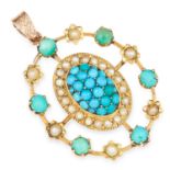 ANTIQUE TURQUOISE AND PEARL PENDANT set with cabochon turquoise and seed pearls, 3.4cm, 4.7g.
