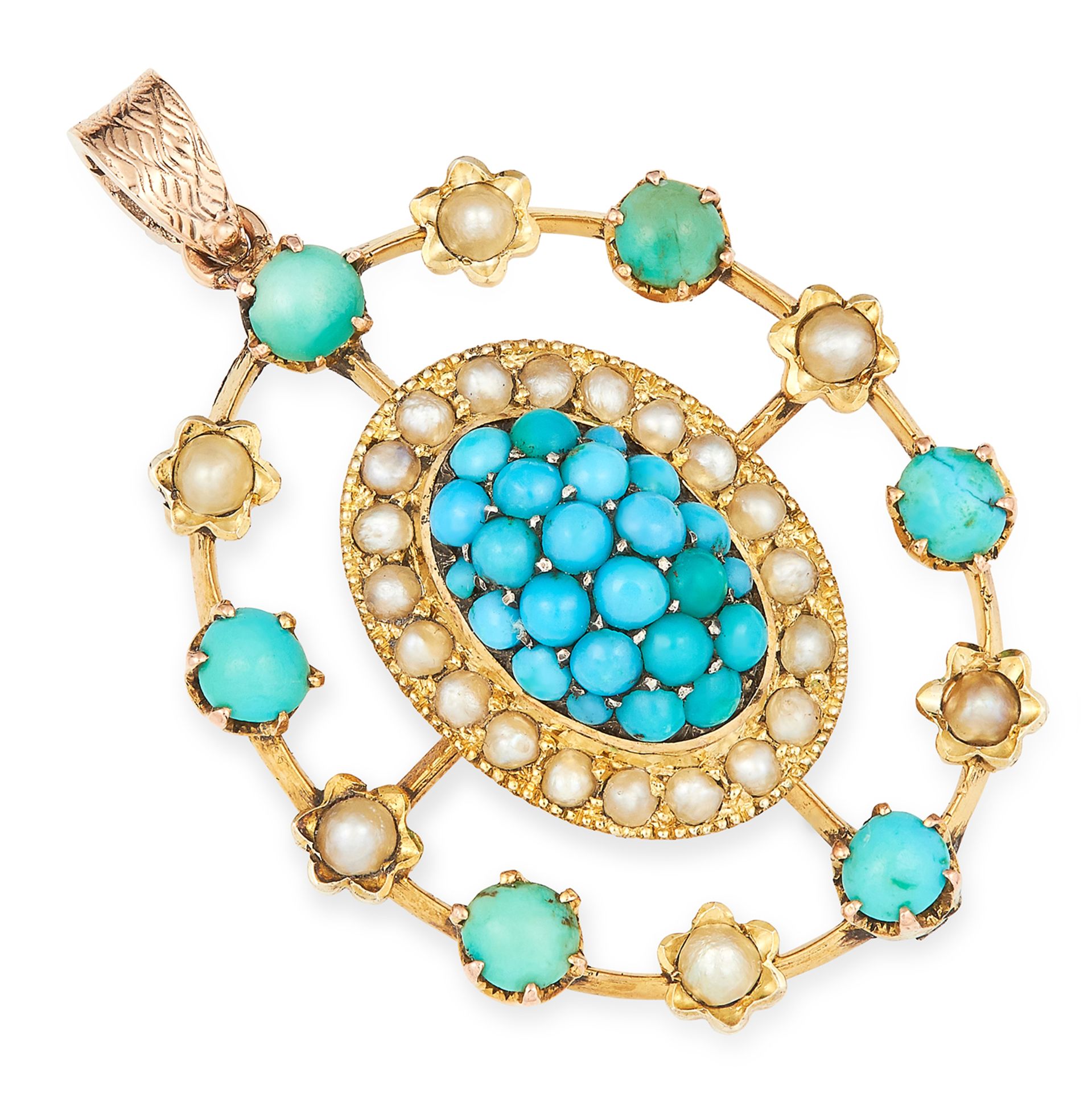 ANTIQUE TURQUOISE AND PEARL PENDANT set with cabochon turquoise and seed pearls, 3.4cm, 4.7g.