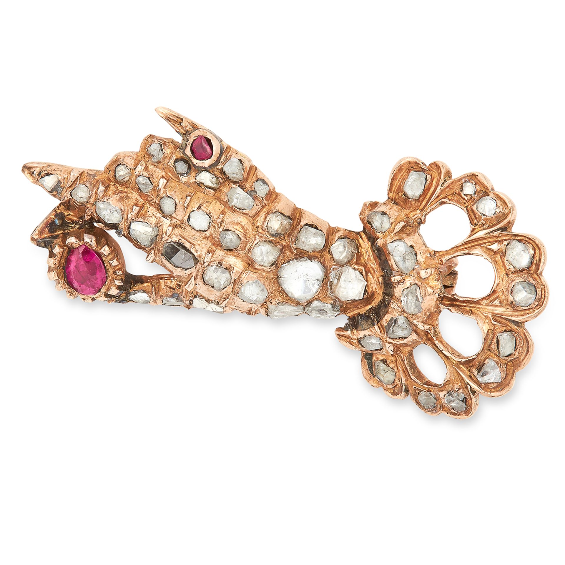 ANTIQUE RUBY AND DIAMOND HAND BROOCH set with cushion cut rubies and rose cut diamonds, 3.3cm, 4.