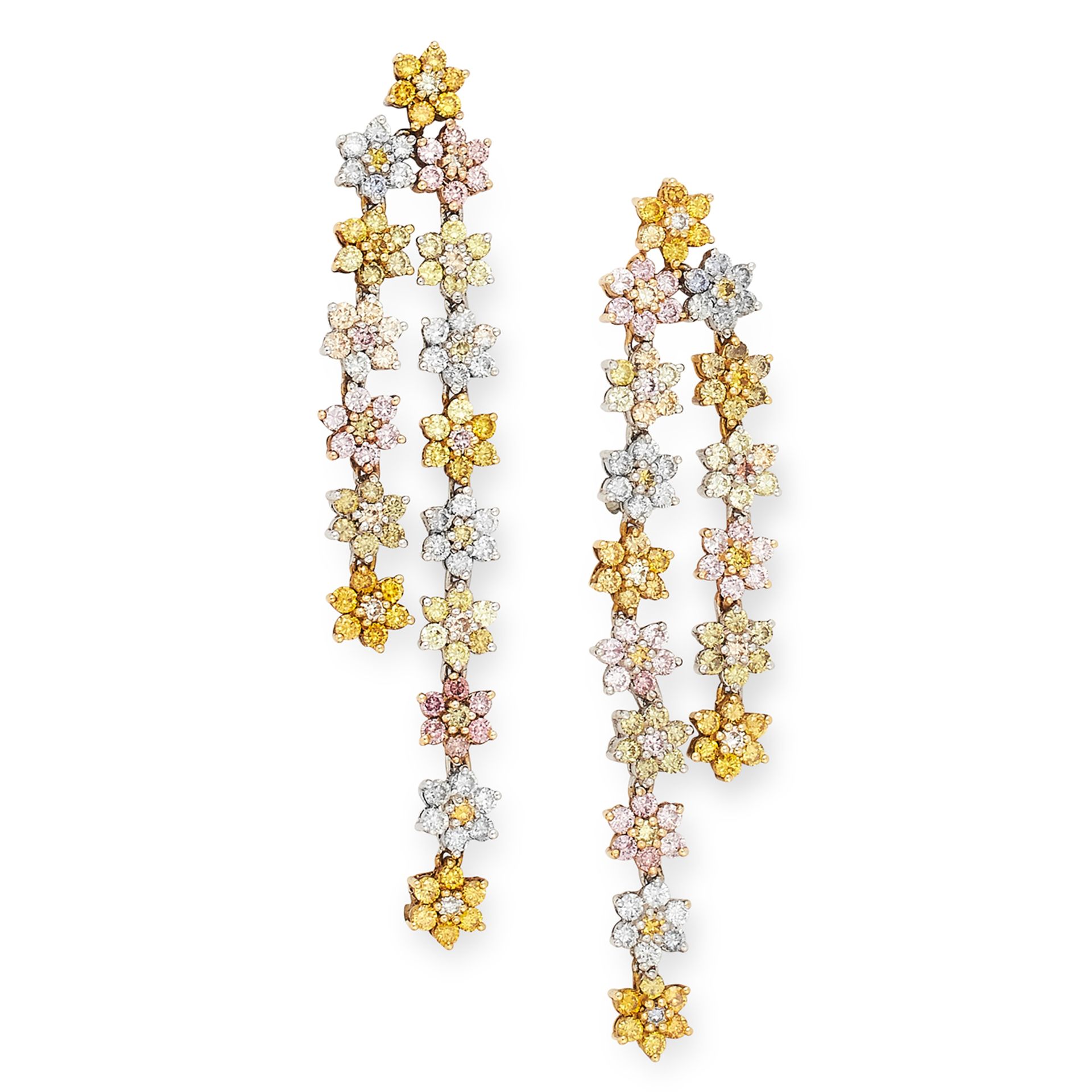YELLOW, PINK AND WHITE DIAMOND DROP EARRINGS each set with a floral cluster of round cut yellow,