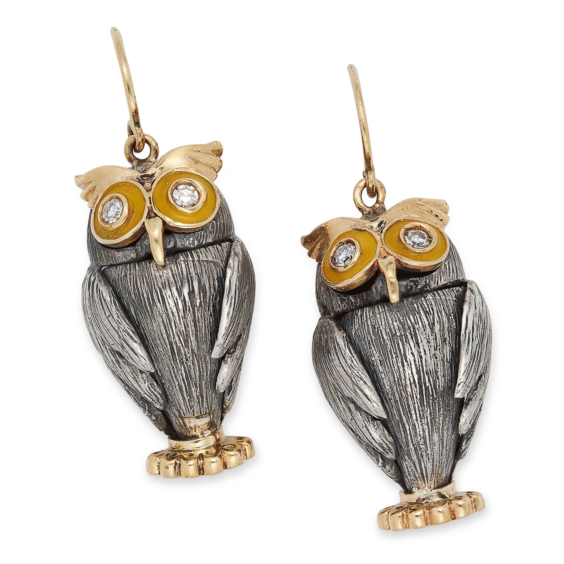 DIAMOND AND ENAMEL OWL EARRINGS set with round cut diamonds and yellow enamel, 3.9cm, 12g.