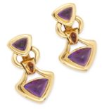 VINTAGE GEMSET EARRINGS set with cabochon amethyst and citrine, 3.6cm, 28.4g.