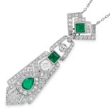 ART DECO EMERALD AND DIAMOND PENDANT the articulated body set with square and pear cut emeralds