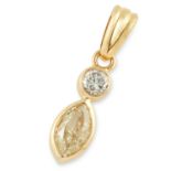 DIAMOND PENDANT set with a marquise cut yellow diamond and a round cut diamond, 2.7cm, 3g.