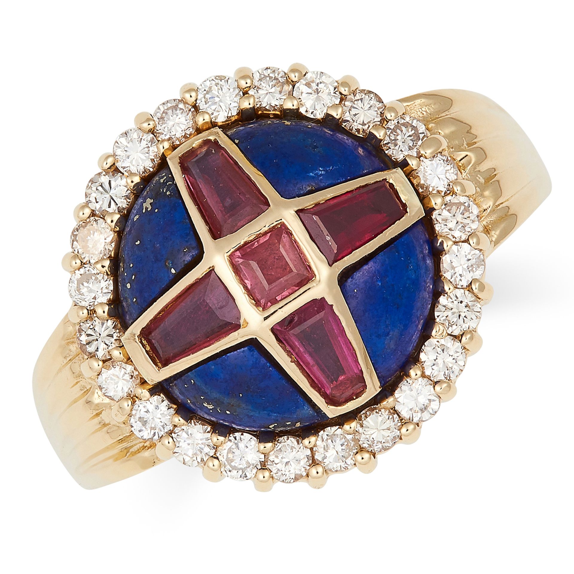 LAPIS LAZULI, RUBY AND DIAMOND RING set with polished lapis lazuli, step cut rubies in cross form,