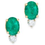 EMERALD AND DIAMOND STUD EARRINGS each set with a round cut diamond totalling approximately 0.10