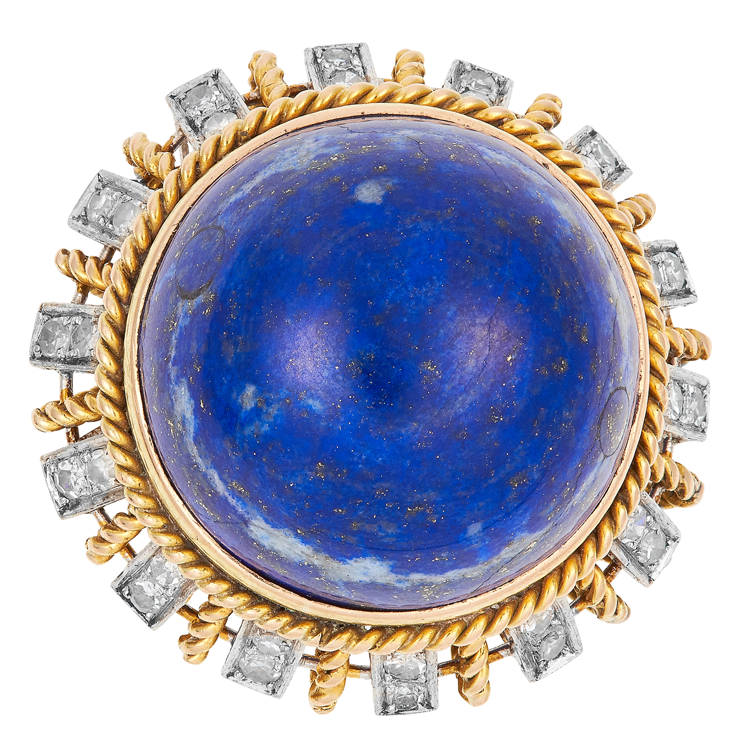 VINTAGE LAPIS LAZULI AND DIAMOND RING set with a circular lapis lazuli cabochon of 29.69 carats