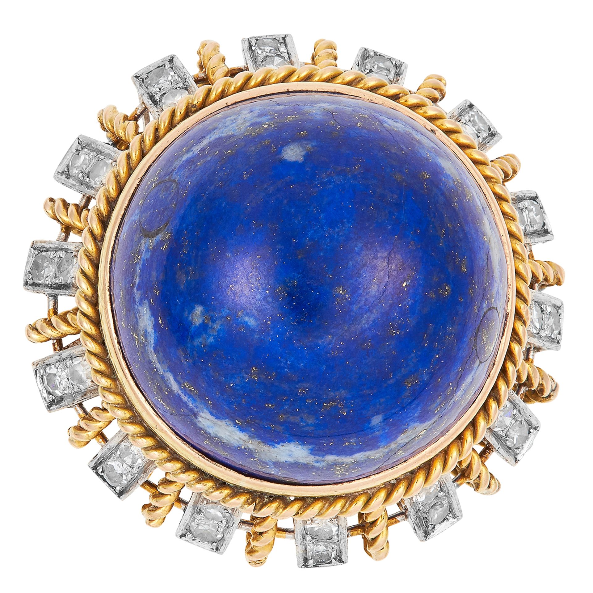 VINTAGE LAPIS LAZULI AND DIAMOND RING set with a circular lapis lazuli cabochon of 29.69 carats