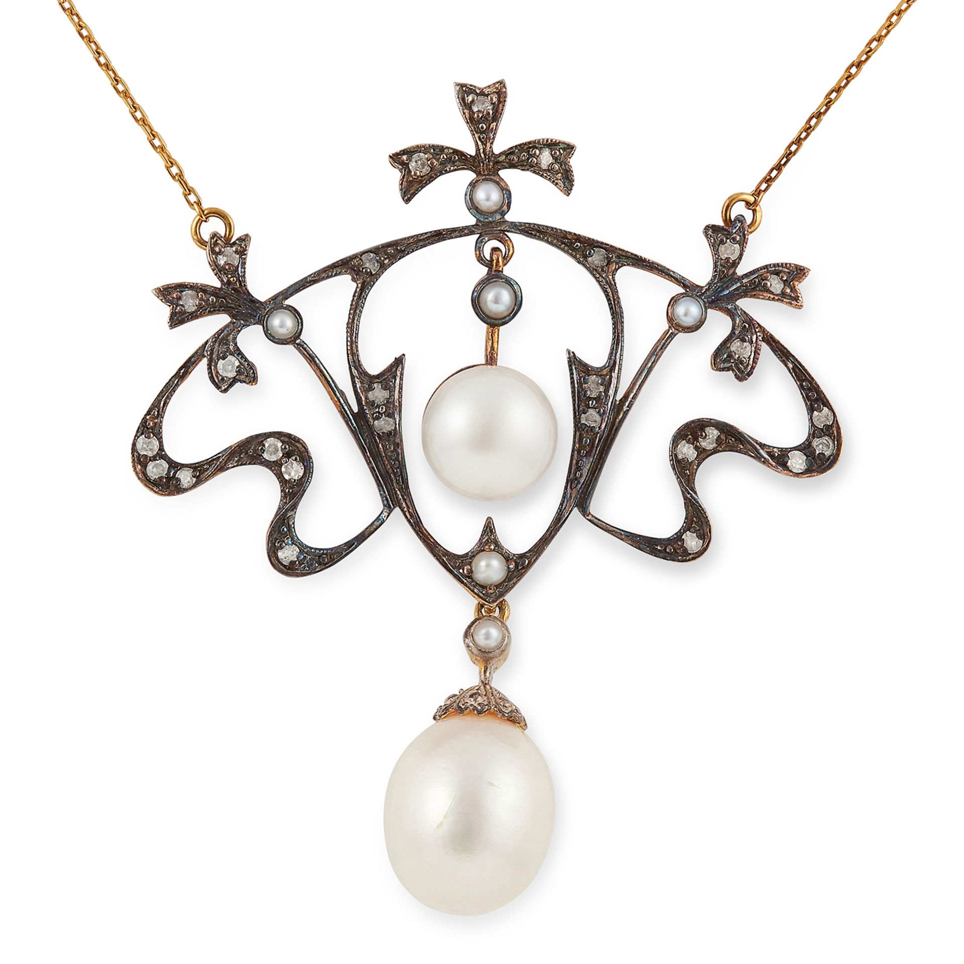 PEARL AND DIAMOND NECKLACE, in foliate design set with round cut diamonds, seed pearls and pearls,