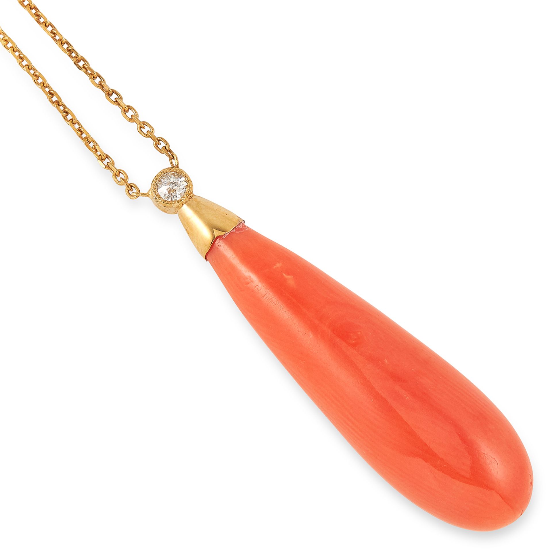 CORAL AND DIAMOND DROP PENDANT set with a round cut diamond suspending a polished coral briolette,