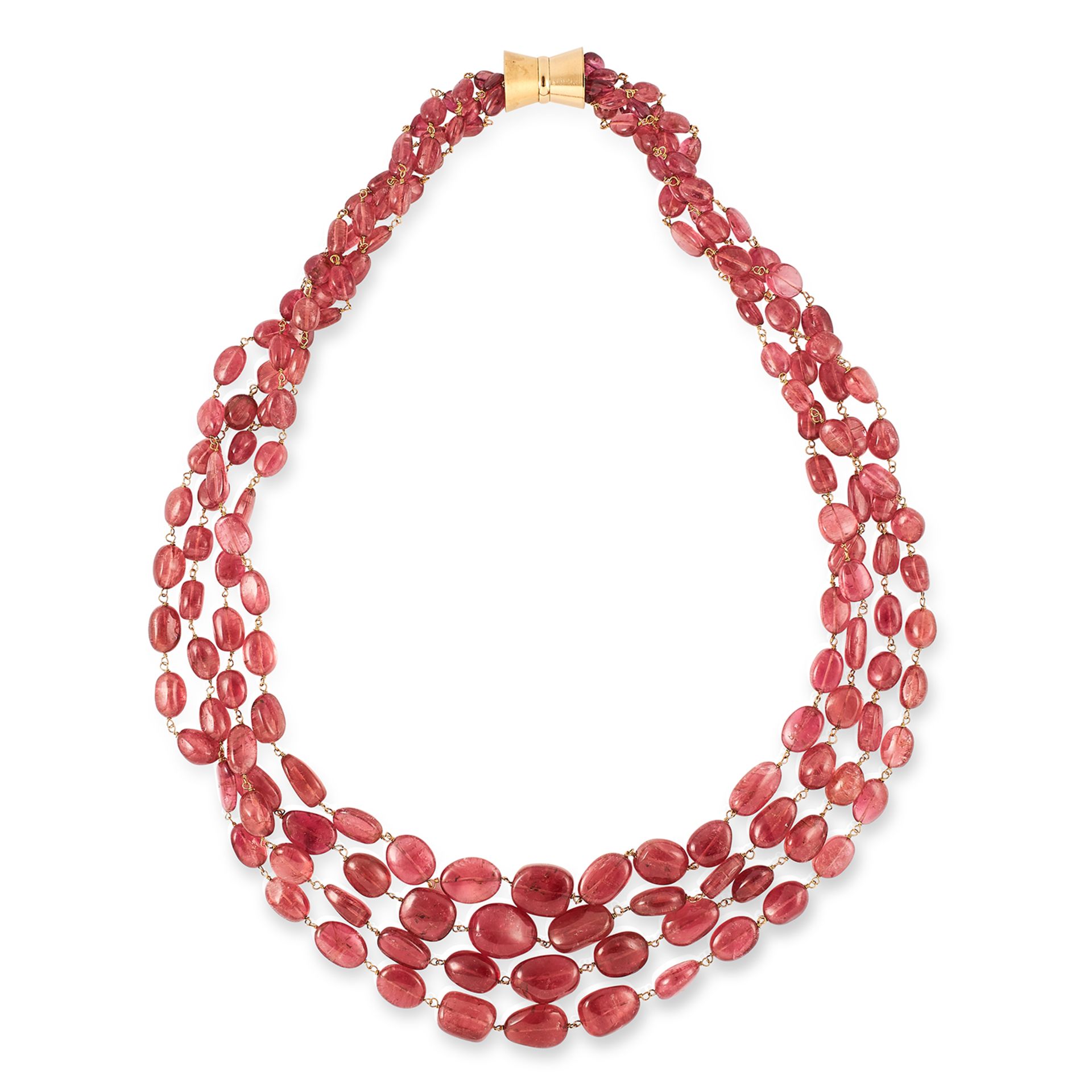 TOURMALINE BEAD NECKLACE comprising of four strands of polished tourmaline beads,72cm, 248.9g.