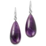 AMETHYST AND DIAMOND DROP EARRINGS set with polished amethyst drops and round cut diamonds, 4cm,