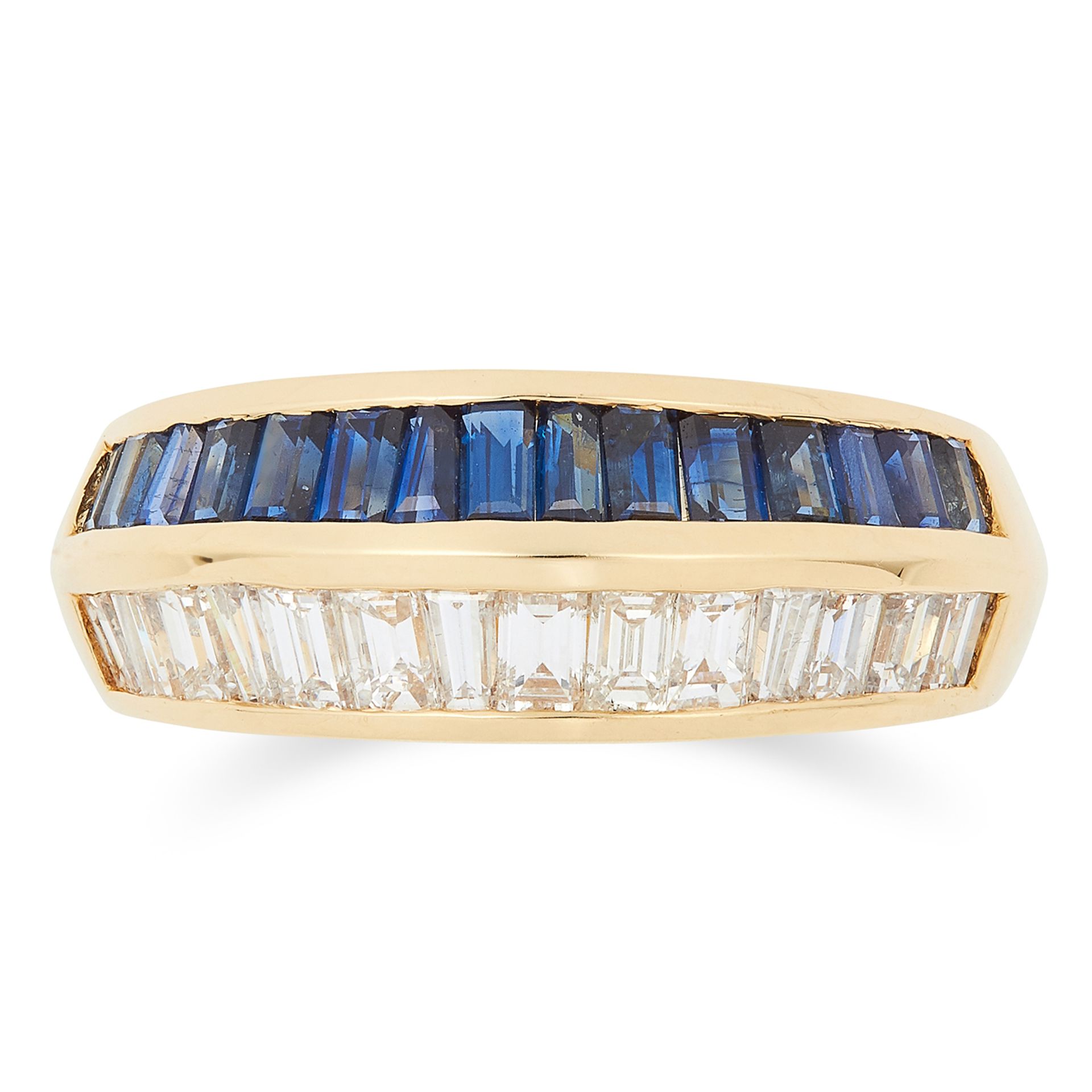 SAPPHIRE AND DIAMOND RING set with a row of baguette cut sapphires and diamonds, size M / 6, 5.7g.