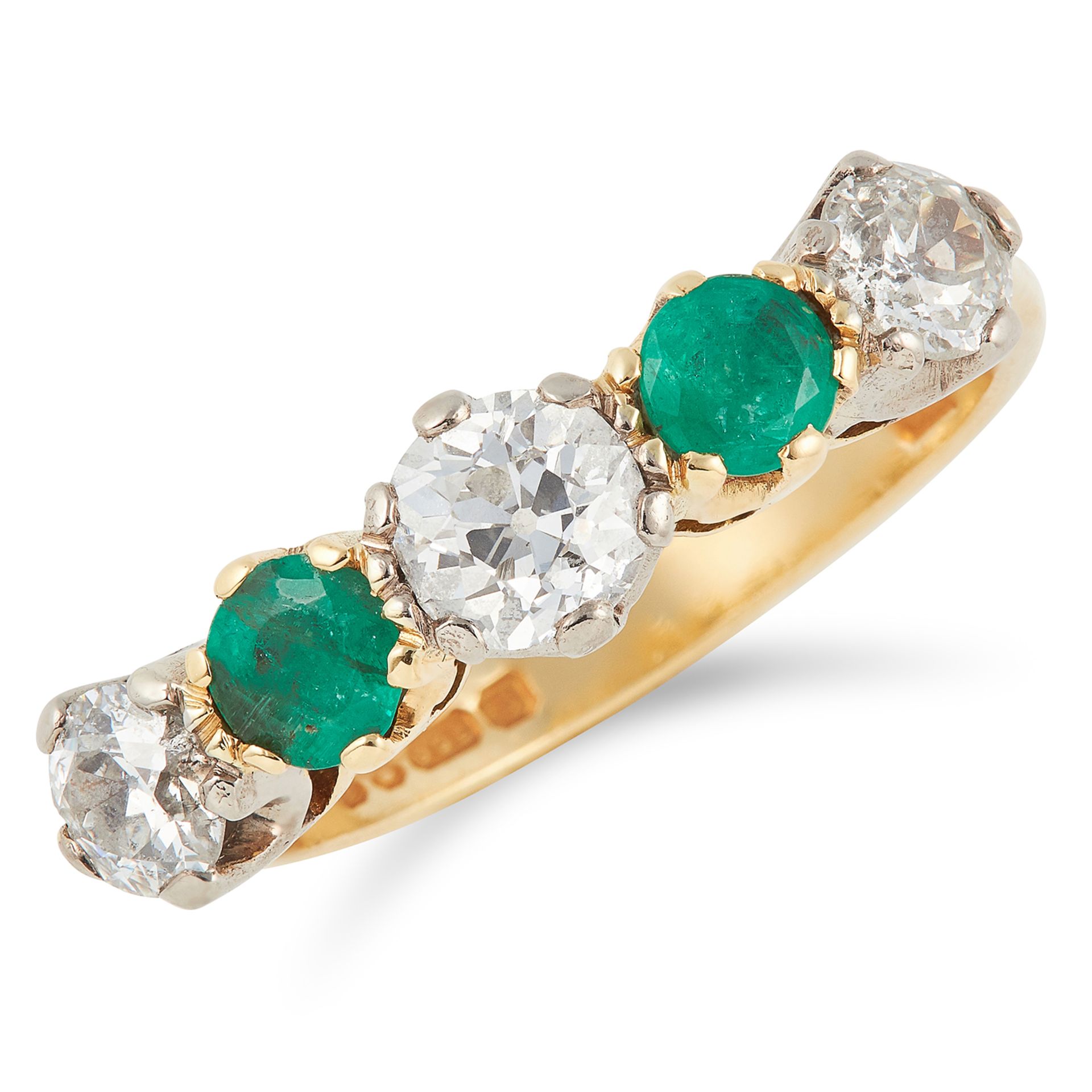 DIAMOND AND EMERALD FIVE STONE RING set with round cut diamonds and round cut emeralds, size N /