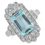 AQUAMARINE AND DIAMOND DRESS RING, in Art Deco style set with a fancy cut aquamarine and round cut