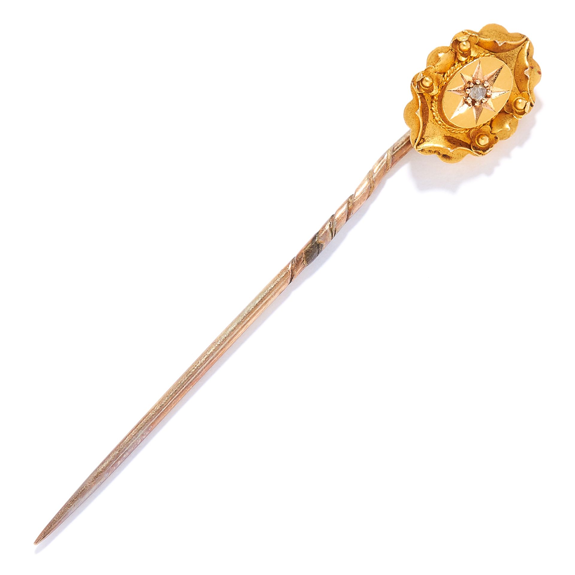 ANTIQUE DIAMOND STICK PIN set with a rose cut diamond, 5.8cm, 1.4g.