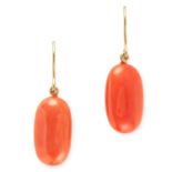 ANTIQUE CORAL DROP EARRINGS each formed of a piece of polished coral, 3.6cm, 5.9g.