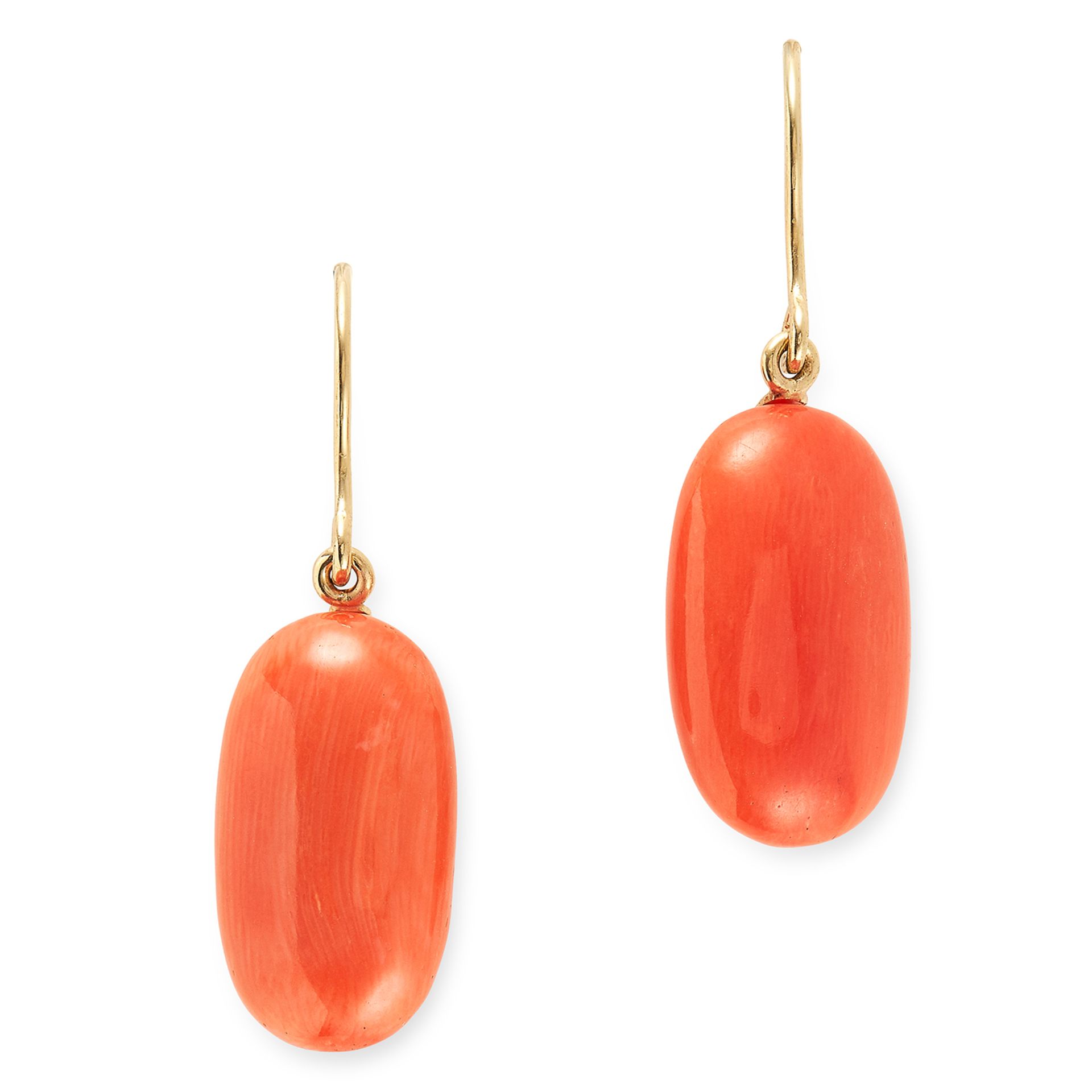 ANTIQUE CORAL DROP EARRINGS each formed of a piece of polished coral, 3.6cm, 5.9g.