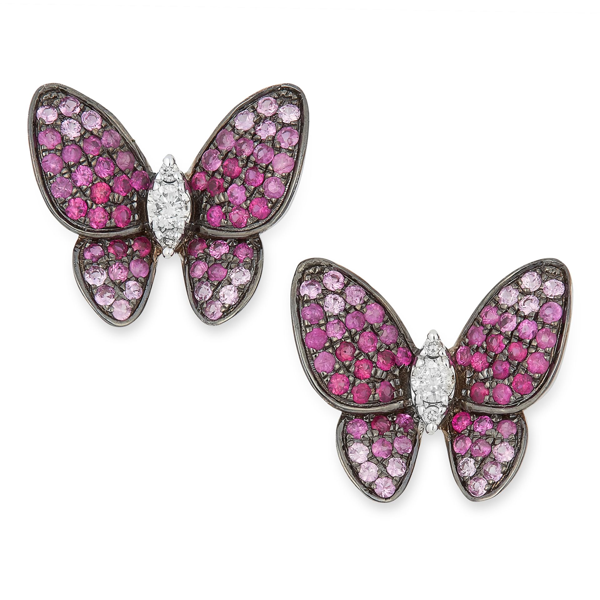 PINK SAPPHIRE AND DIAMOND BUTTERFLY EARRINGS set with round cut pink sapphires and diamonds, 1.