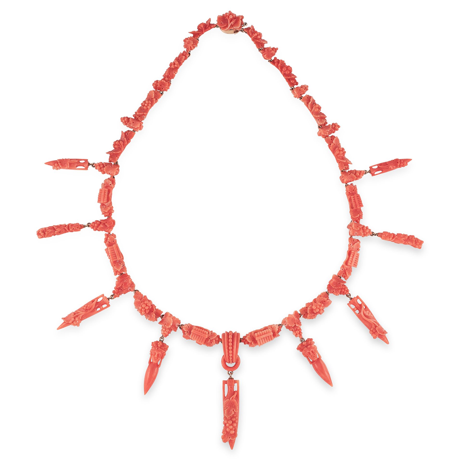 ANTIQUE CARVED CORAL NECKLACE, ITALIAN, 19TH CENTURY formed of carved links decorated with grapes,