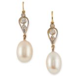 PEARL AND DIAMOND EARRINGS set with round cut diamonds and pearls, 4cm, 6g.