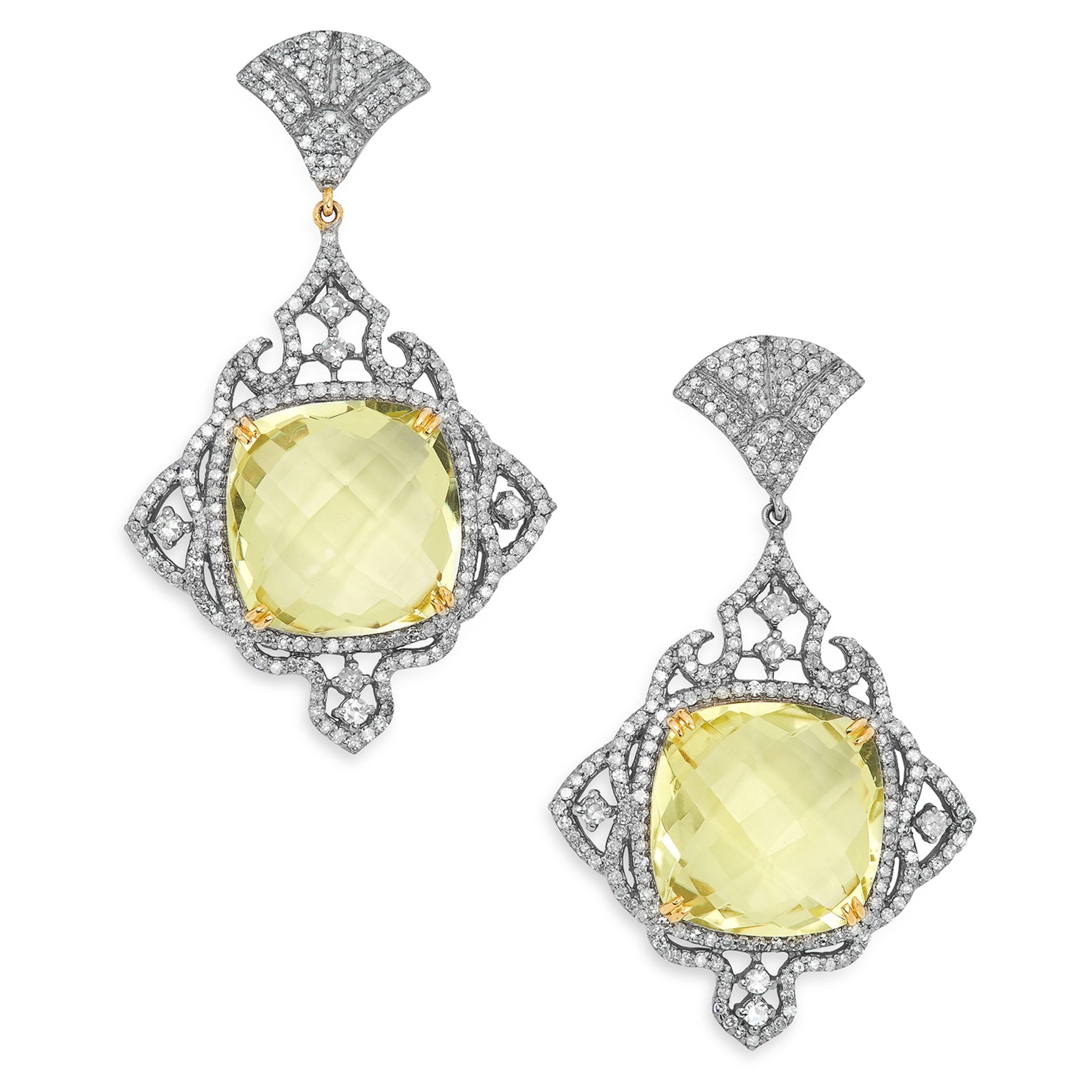 LEMON QUARTS AND DIAMOND EARRINGS each set with a faceted lemon quartz in a border of round cut