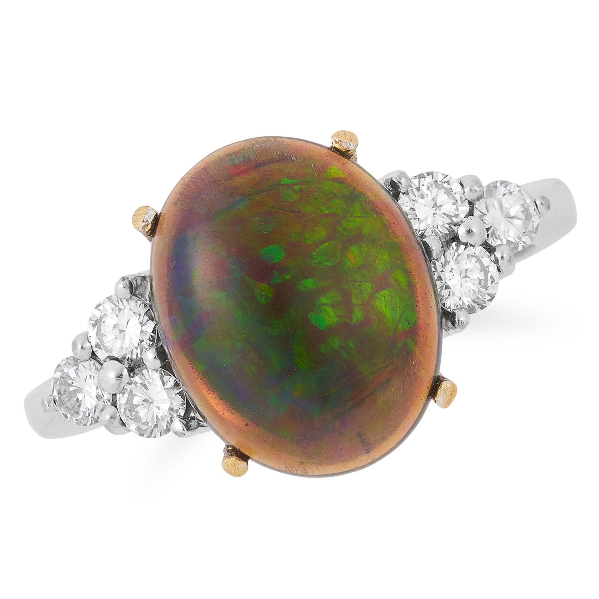 BLACK OPAL AND DIAMOND RING set with a cabochon black opal between round cut diamonds, size O / 7,