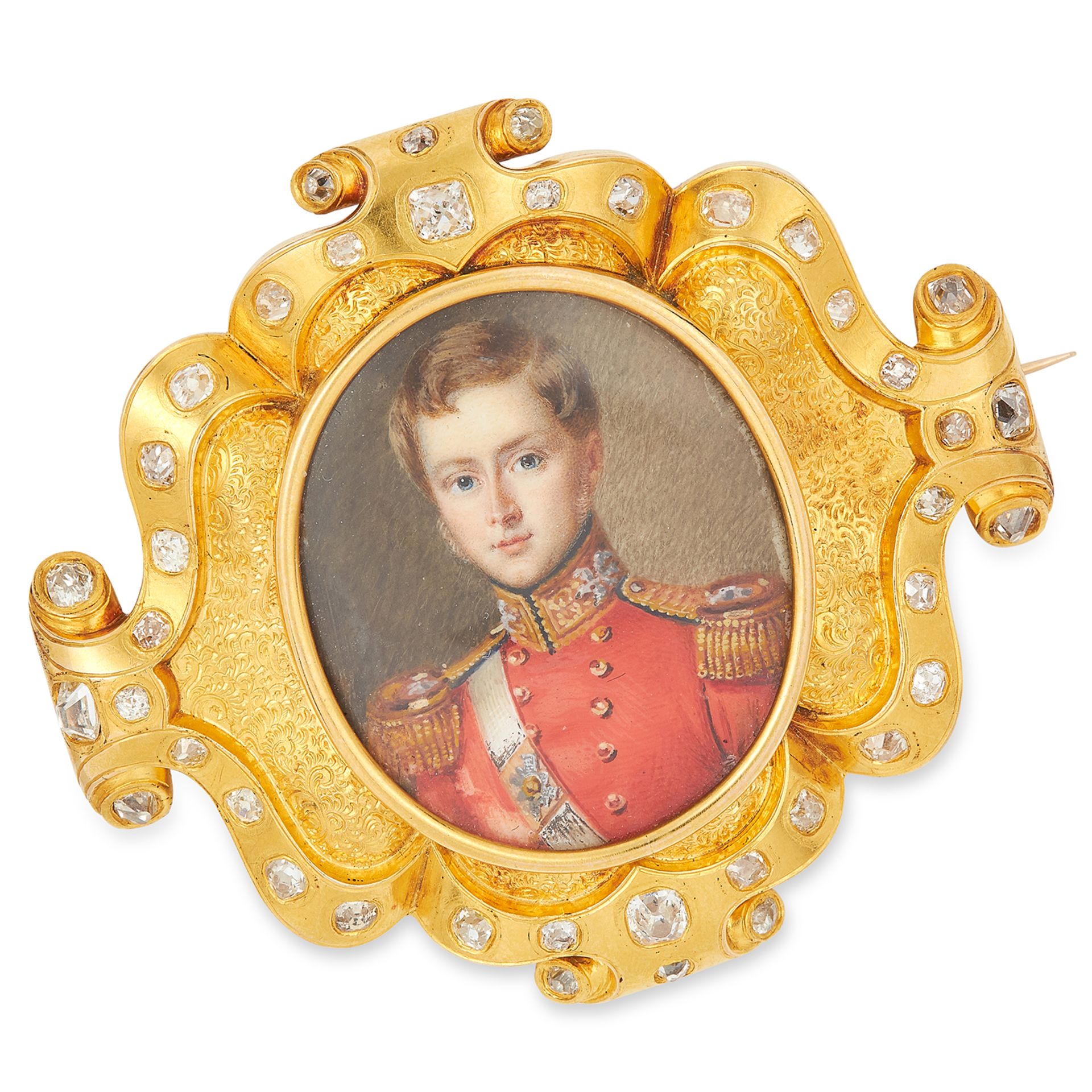 ANTIQUE DIAMOND PAINTED MINIATURE BROOCH comprising of a miniature of a gentleman in regimental