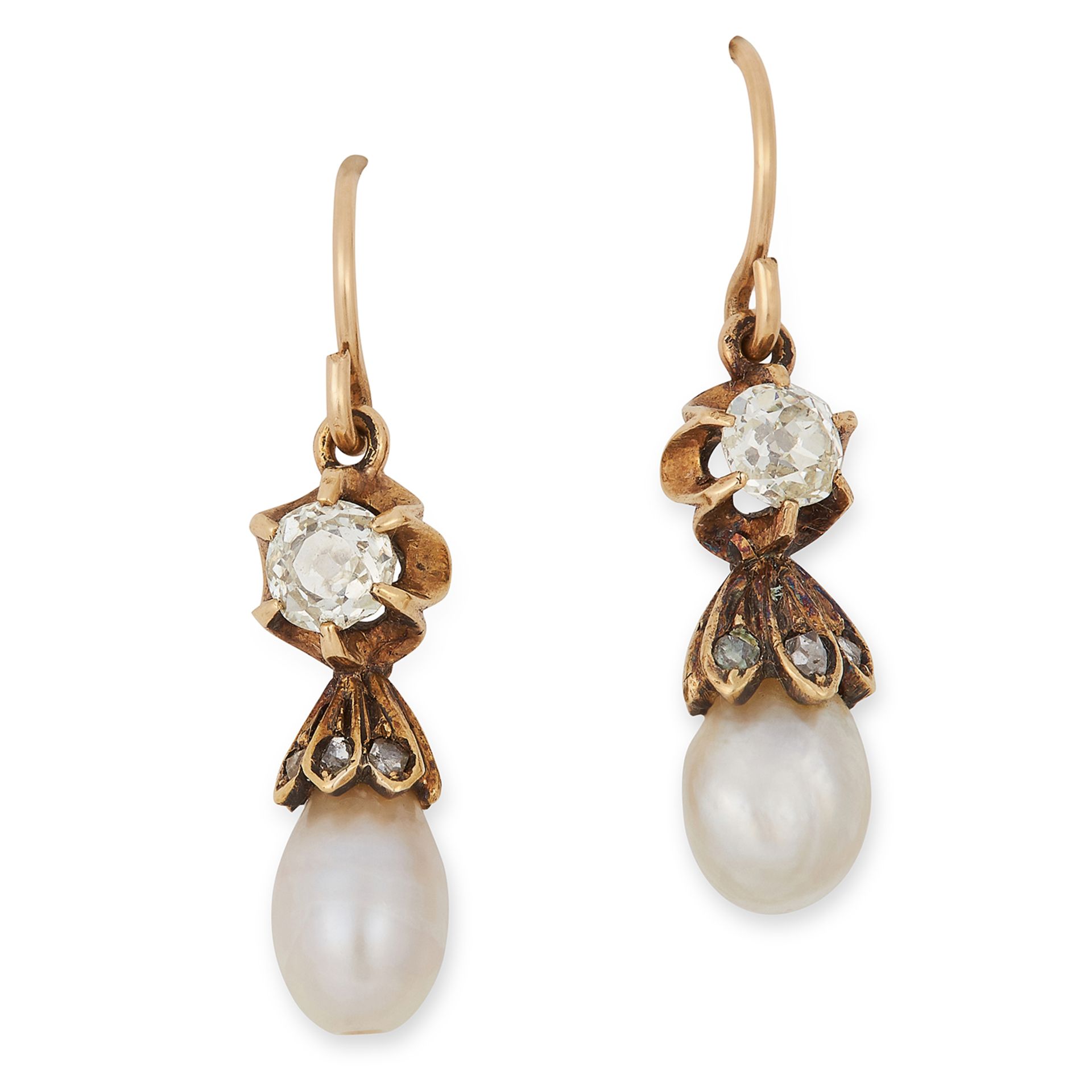 PEARL AND DIAMOND EARRING AND NECKLACE SUITE each set with old and rose cut diamonds and a pearl