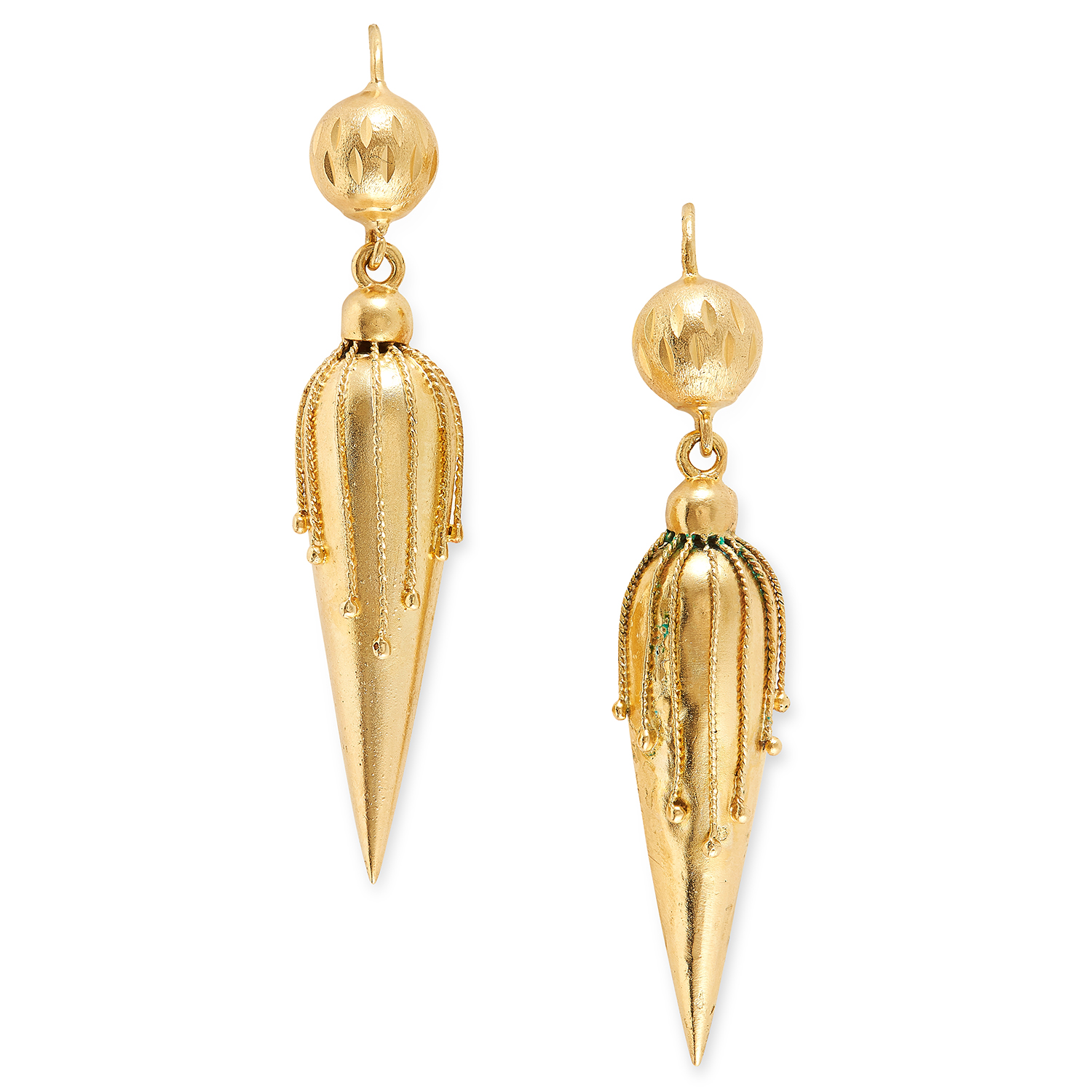 ANTIQUE ETRUSCAN REVIVAL STYLE EARRINGS set with a gold drop, 5cm, 3.4g.