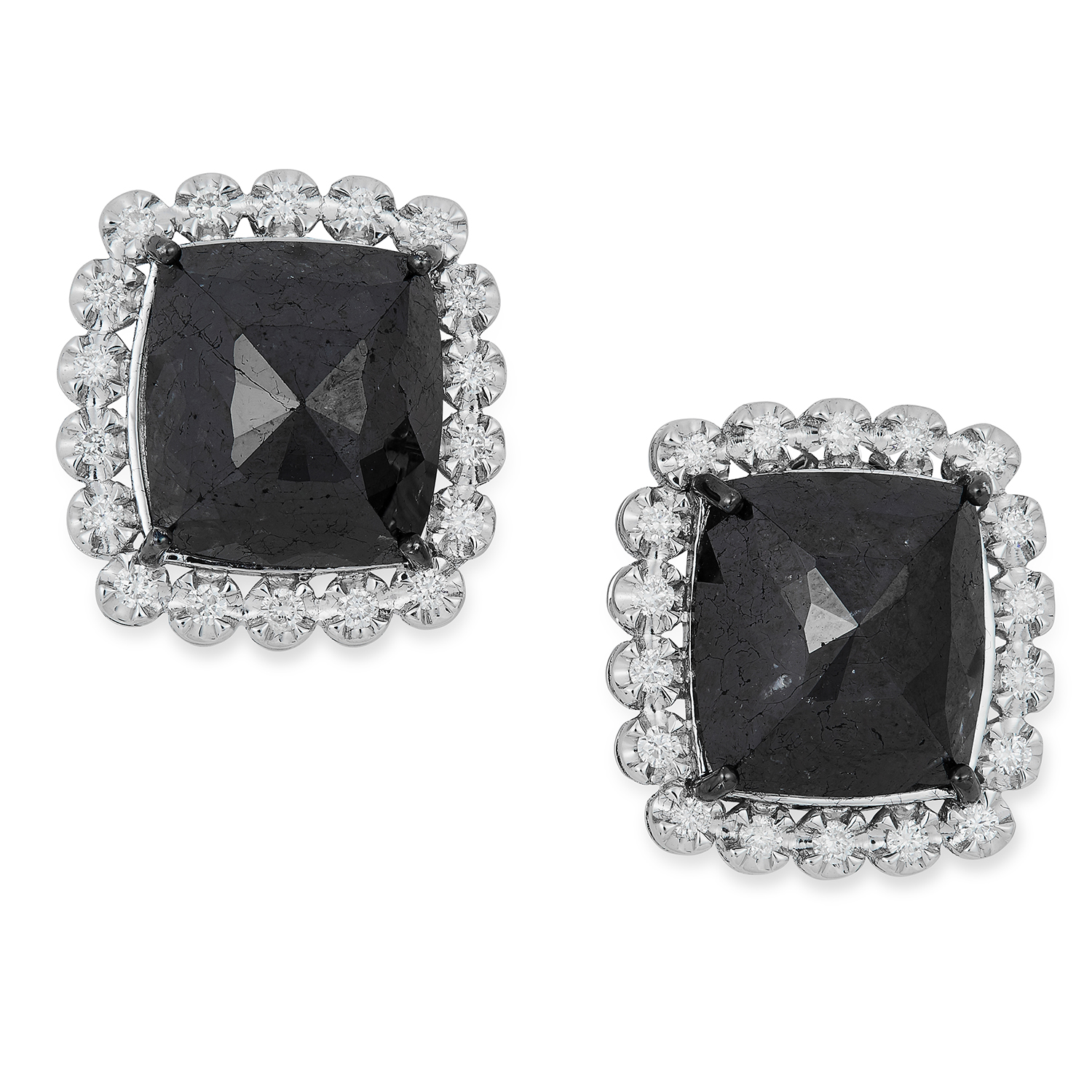 BLACK DIAMOND CLUSTER EARRINGS each set with a faceted black diamond in a border of round cut
