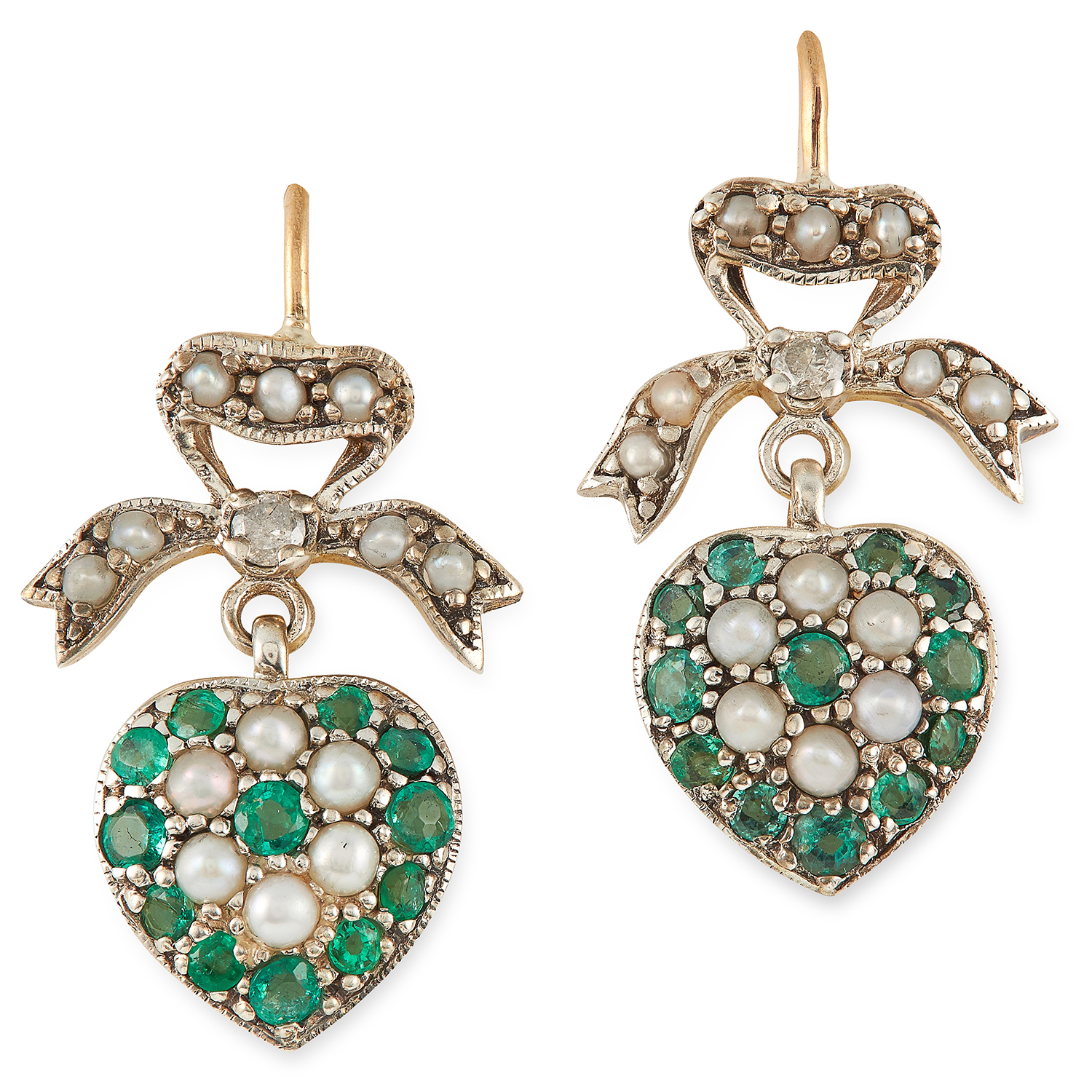 EMERALD AND PEARL SWEETHEART EARRINGS in ribbon and heart motif set with round cut emeralds and