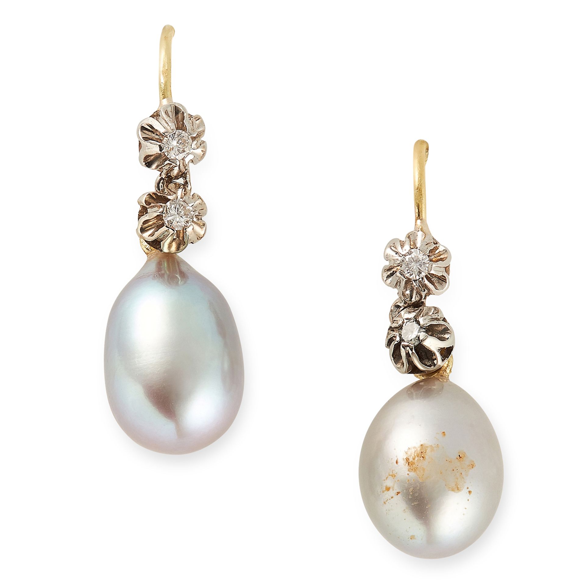 GREY PEARL AND DIAMOND EARRINGS set with round cut diamonds and pearl drops, 2.8cm, 4.6g.