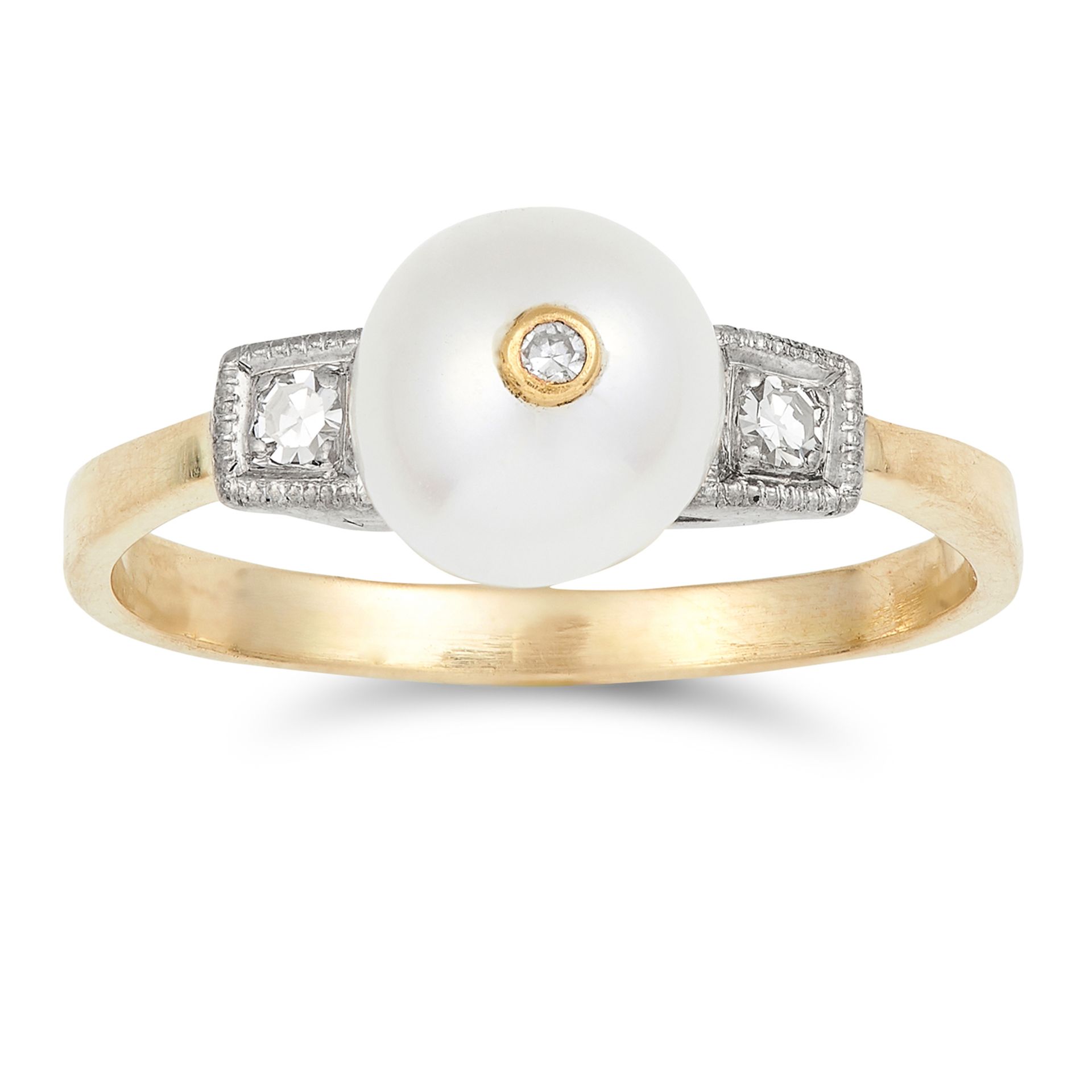 PEARL AND DIAMOND RING in Art Deco style set with a pearl and round cut diamonds, size O / 7, 2.8g.