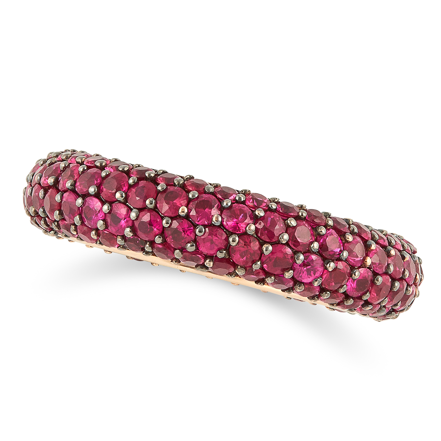 RUBY ETERNITY RING set with pave set round cut rubies, size N / 6.5, 4.4g.