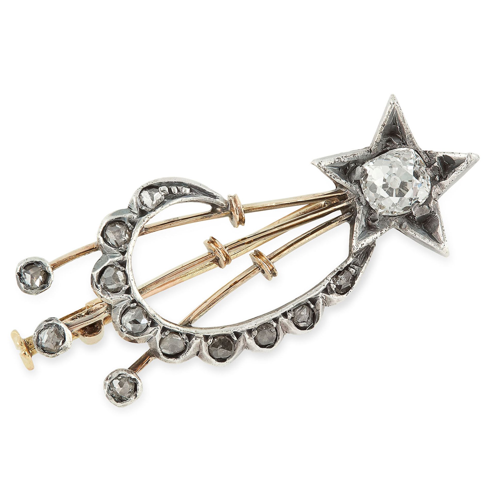 ANTIQUE SHOOTING STAR BROOCH set with a central old cut diamond and rose cut diamonds, 4cm, 4.9g.