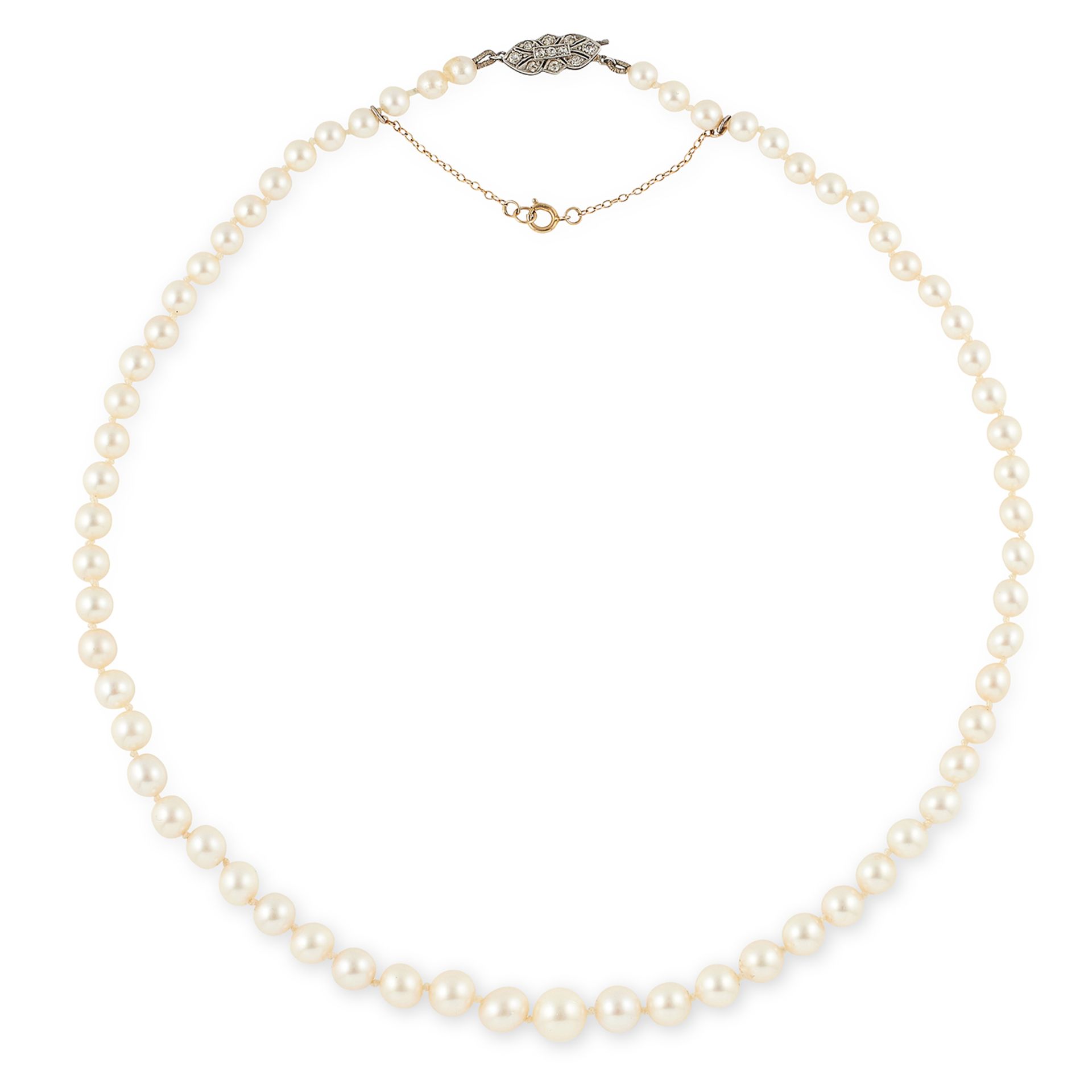 PEARL BEAD NECKLACE comprising of a single row of pearls with diamond set clasp, 48cm, 21.8g.