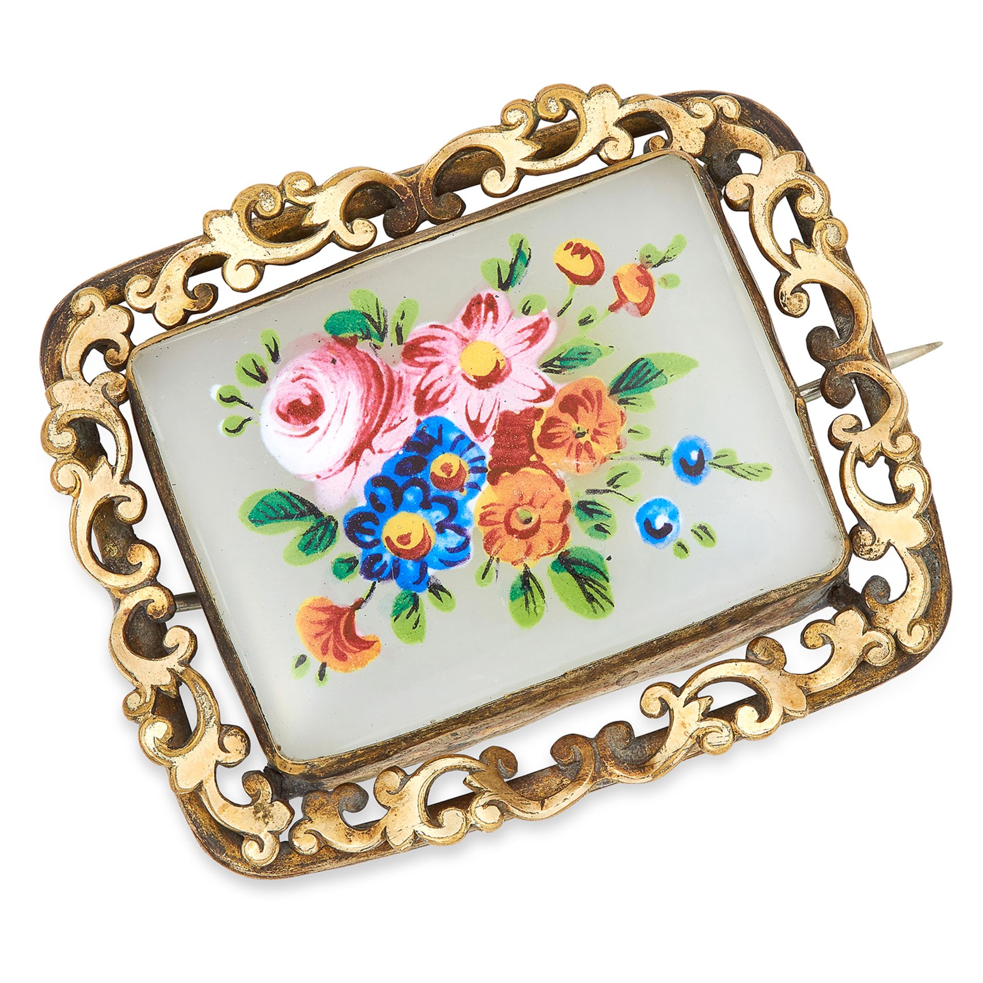 PAINTED MINIATURE HARDSTONE BROOCH depicting a floral scene, 4.8cm, 17.2g.